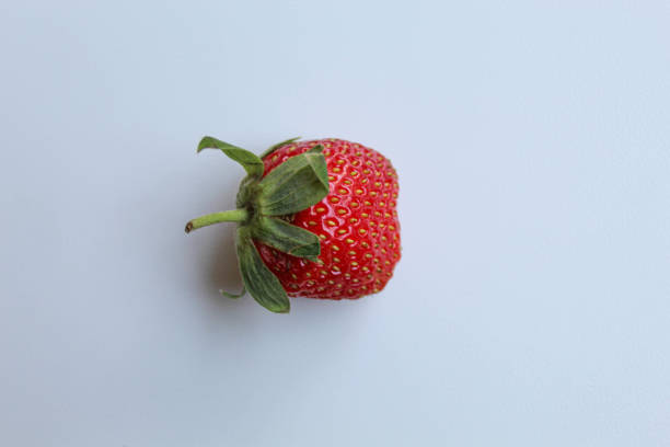 One red strawberry with green stem, isolated on white background