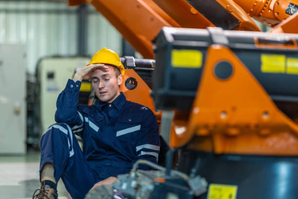 istock Stressed Factory Worker Resting on the Floor 2190011883