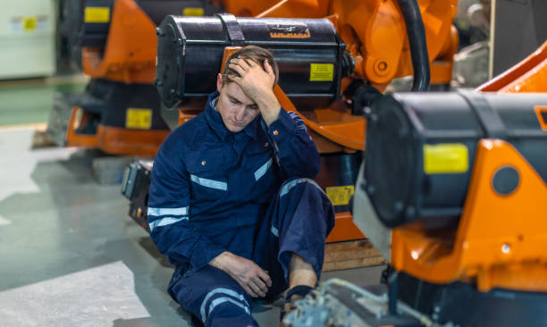 istock Stressed Factory Worker Resting on the Floor 2190012011