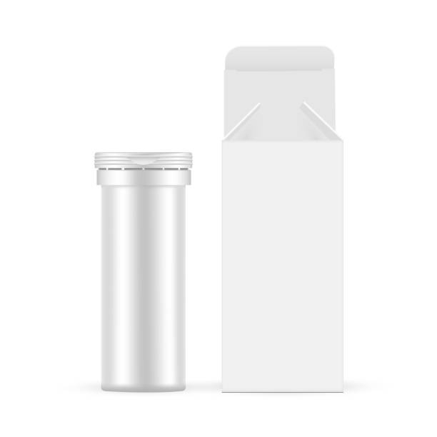 Small Effervescent Tablets Tube With Opened Paper Packaging Box Small Effervescent Tablets Tube With Opened Paper Packaging Box, Isolated On White Background. Vector Illustration medicine bottle top view stock illustrations