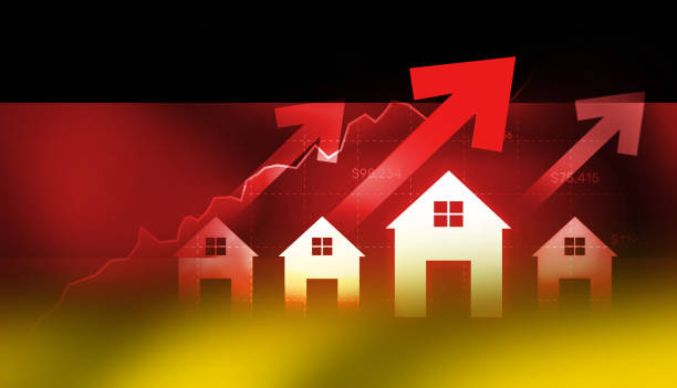 istock Germany real estate market going up with arrows showing red. Housing crisis and expensive rents concept with glowing homes 2190017468