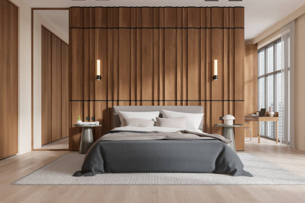 istock Wooden home bedroom interior with sleep and work zone, panoramic window 2190024875