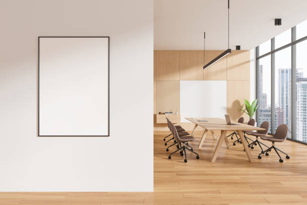 istock Modern Conference Room with Blank Canvas and Boardroom Table. 3D Rendering 2190024909