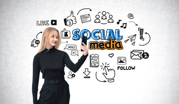 Woman taking a selfie with social media illustrations on a white