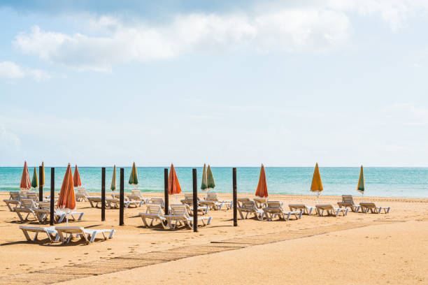 istock Empty beach with colorful umbrellas and lounge chairs under a clear sky by the calm ocean 2190025048