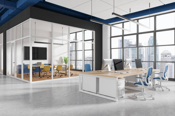 istock Modern coworking office interior featuring conference room with glass walls and open workspace. 3D Rendering 2190025084