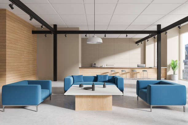 istock Modern cafe interior with soft place, bar counter and panoramic window 2190025131