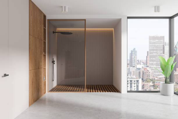 istock Modern Bathroom with City View and Wooden Elements. 3D Rendering 2190025936