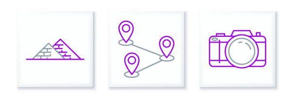 stockillustraties, clipart, cartoons en iconen met set line photo camera, egypt pyramids and route location icon. vector - geografische locatie