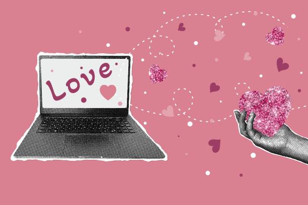 istock Trendy halftone collage. Image of halftone hand with heart and greetings flying out of notebook. Collage style postcard for valentines day, march 8. Trendy retro collage from the 80s 2190030955