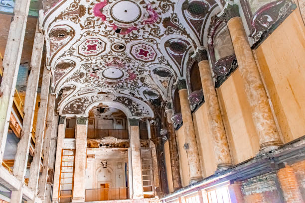 Ceiling interior design pattern view of the old abandoned Michigan Theatre parking garage