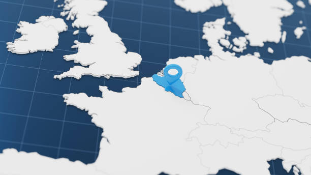 Blue Belgium 3d map with pointer pin surrounded with other countries in white. Europe political map with borders. 3d render illustration.