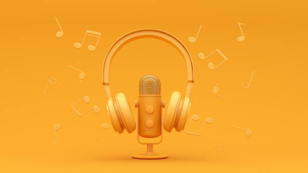 istock Microphone with flying notes and headphones - 3d render. Concept for online music, radio, listening to podcasts, books at full volume. 2190035635