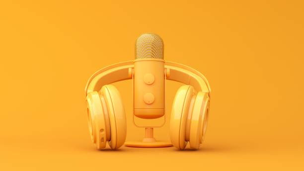 istock Microphone with flying notes and headphones - 3d render. Concept for online music, radio, listening to podcasts, books at full volume. 2190035637