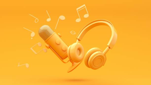 istock Microphone with flying notes and headphones - 3d render. Concept for online music, radio, listening to podcasts, books at full volume. 2190035638