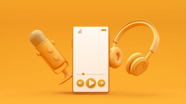 istock Microphone with flying notes and headphones - 3d render. Concept for online music, radio, listening to podcasts, books at full volume. 2190035650