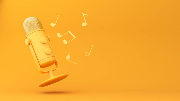 istock Microphone with flying notes and headphones - 3d render. Concept for online music, radio, listening to podcasts, books at full volume. 2190035653