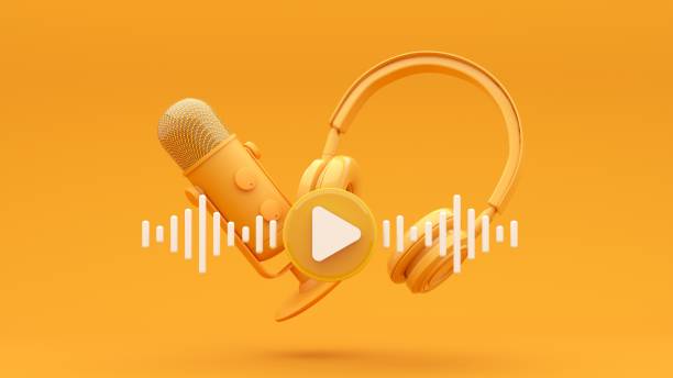 Microphone with flying notes and headphones - 3d render. Concept for online music, radio, listening to podcasts, books at full volume.