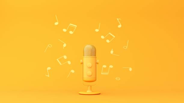 istock Microphone with flying notes and headphones - 3d render. Concept for online music, radio, listening to podcasts, books at full volume. 2190035670