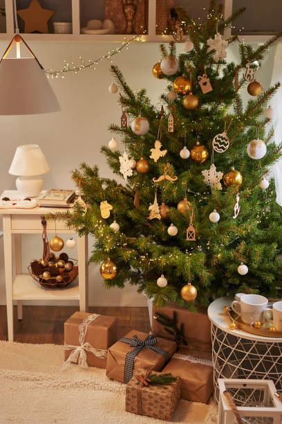 istock Christmas tree background. Van mobile trailer, mobile home, terrace. New Year celebration. Winter holidays. Christmas morning. Camper van in camp ground, caravan van. 2190039719