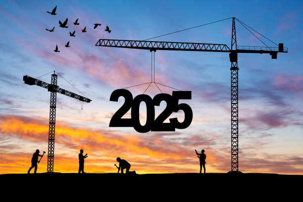 istock Silhouette of construction camp site with cranes building construction prepare to welcome the new year 2025 at sunset. 2190041308