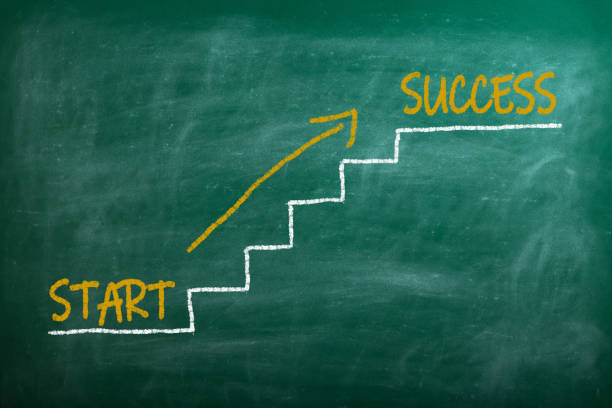 Business strategies and goals or New Year and Merry Christmas written on a school chalkboard or blackboard.