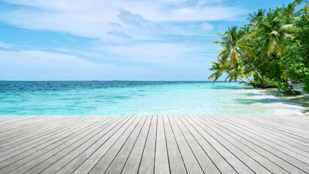 istock Empty boardwalk by the tropical turquoise sea shore 2190055413