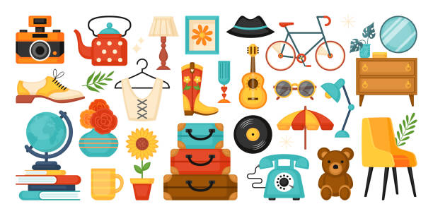 Flea market, second hand store and garage sale cute elements design set. Template for invitation, banner and poster. Vector illustration Flea market, second hand store and garage sale cute elements design set. Template for invitation, banner and poster. Vector illustration group of objects stock illustrations
