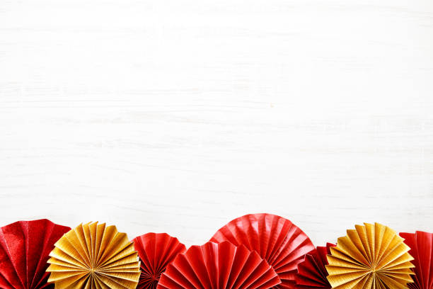 Chinese New Year festival decorations with red Chinese folded fans. Chinese new year festival background with red Chinese folded fans on white wooden table. Abstract art with folding paper fans. Celebrate Lunar new year background concept.
All Brushscript Texts in Chinese meaning luck. mandarin chinese new year stock pictures, royalty-free photos & images