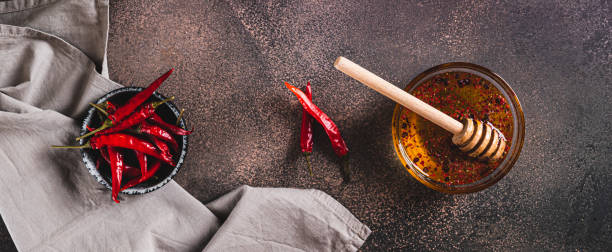Bowl of hot honey with red pepper on table top view web banner