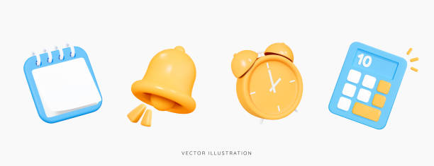 3D Cartoon office set emoji icons 3D Cartoon office set emoji icons. Yellow alarm clock, bell, blue calendar and calculator. Business and education concept. School objects. New notification. Work elements. 3D Vector Illustration watch cartoon gold illustration and painting stock illustrations