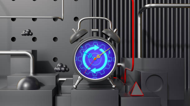 Futuristic Alarm Clock: 3D Rendering
Glowing blue and purple clockface with gear icons, red wire accents, and chrome details. Industrial aesthetic with perforated metal, sleek surfaces, neon lights, and cyberpunk-inspired design. 3D rendering.