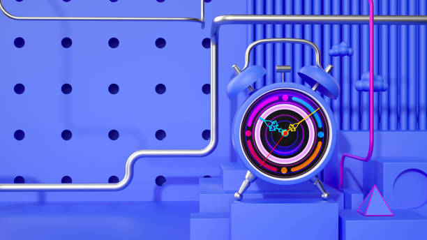 istock Retro Neon Alarm Clock
Vibrant blue background, geometric shapes, neon accents, colorful clock face, star-shaped hands, Memphis style, minimalist, playful, surreal, high contrast, clean lines. 3D rendering. 2190077430