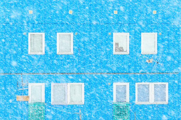 Snow falls heavily on a bright blue building, concealing its windows and features. Surrounding elements are softly blurred, creating a serene winter ambiance.