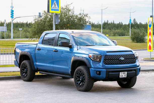 Novyy Urengoy, Russia - August 15, 2023: Cyan pickup truck Toyota Tundra (XK50) in the city street.