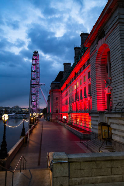 London England May 02 2021 London Marriott Hotel County Hall colourful light facade London England Europe