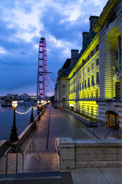 London England May 02 2021 London Marriott Hotel County Hall colourful light facade London England Europe