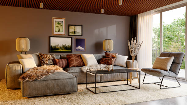 Large luxury modern bright interiors Living room mockup illustration 3D rendering image