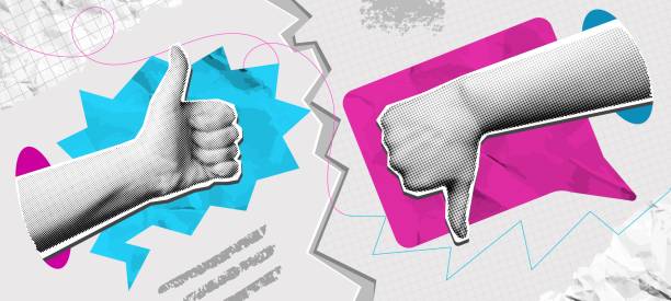 Pros and cons collage. Mixed media thumbs up and thumbs down hand gestures with speech bubbles. Review concept, positive and negative feedback vector illustration Pros and cons collage. Mixed media thumbs up and thumbs down hand gestures with speech bubbles. Review concept, positive and negative feedback vector illustration. thumb down stock illustrations