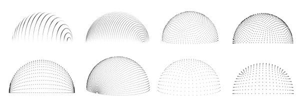 ilustrações, clipart, desenhos animados e ícones de hemisfério 3d pontilhado. pontos de estrutura de arame de cúpula, formas geométricas de meia esfera com padrões pontilhados. escudo de energia digital, gráficos futuristas isolados conjunto de vetores - domo