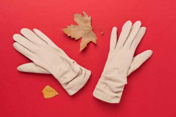 Beige gloves on color background, top view