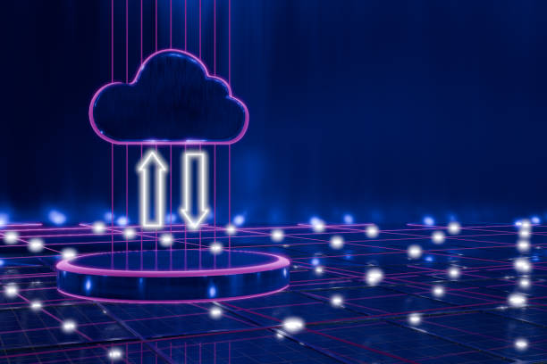 istock Digital cloud icon with upload and download arrows on a futuristic blue background. 3d rendering 2190097060