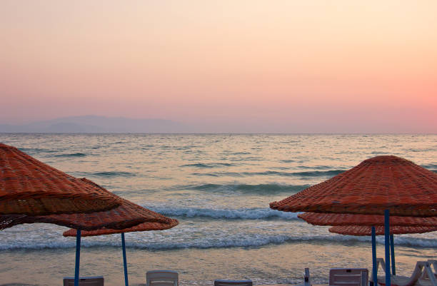 Aegean sea, town of Kuşadası in Turkey on a sunny summer day, View Of Kusadasi Skyline At Aegean Coast, Turkey.