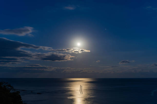 A tranquil sunset scene over the waters of Denmark, showcasing vibrant colors transitioning from golden to deep blue. A crescent moon hangs delicately in the sky, adding a celestial touch to the serene landscape.
