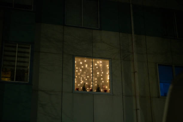 Festive window display featuring christmas lights and miniature trees, creating a warm and inviting atmosphere