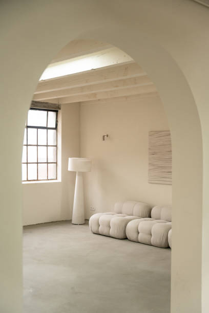 Modern minimalist living room interior design with archway
