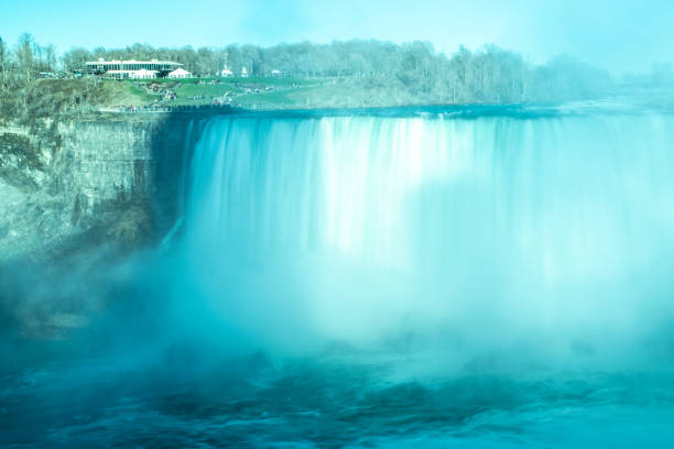 Beautiful blurred streams of Niagara Horseshoe Falls. Close up view to waterfalls. Canada. Blue lanscape. Long exposure.