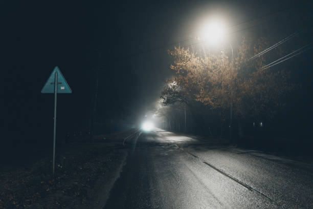 istock Foggy misty night. Road illuminated by street lights 2190127726