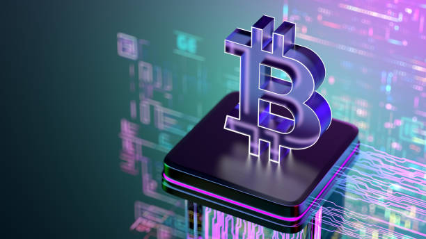 istock Bitcoin - letter sign on digital background. Crypto concept. data and technology. 2190130100