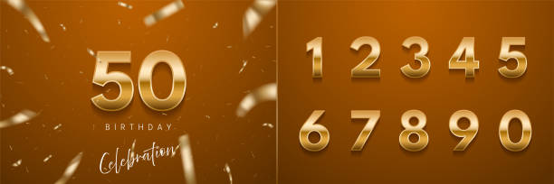 Birthday anniversary golden numbers set template with number 50. Celebration birthday vector background. Gold numbers on orange brown backdrop with confetti for party invitation, greeting card Birthday anniversary golden numbers set template with number 50. Celebration birthday vector background. Gold numbers on orange brown backdrop with confetti for party invitation, greeting card. one two three four five six seven eight and nine stock illustrations